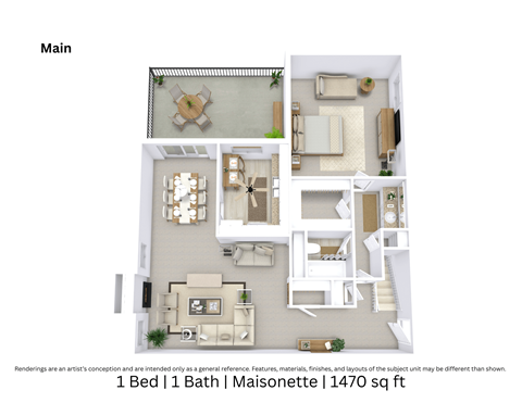 A 3D floor plan displaying the Maisonette’s interior from an angled perspective with furniture arrangement and room flow across 1,470 Sq. Ft.